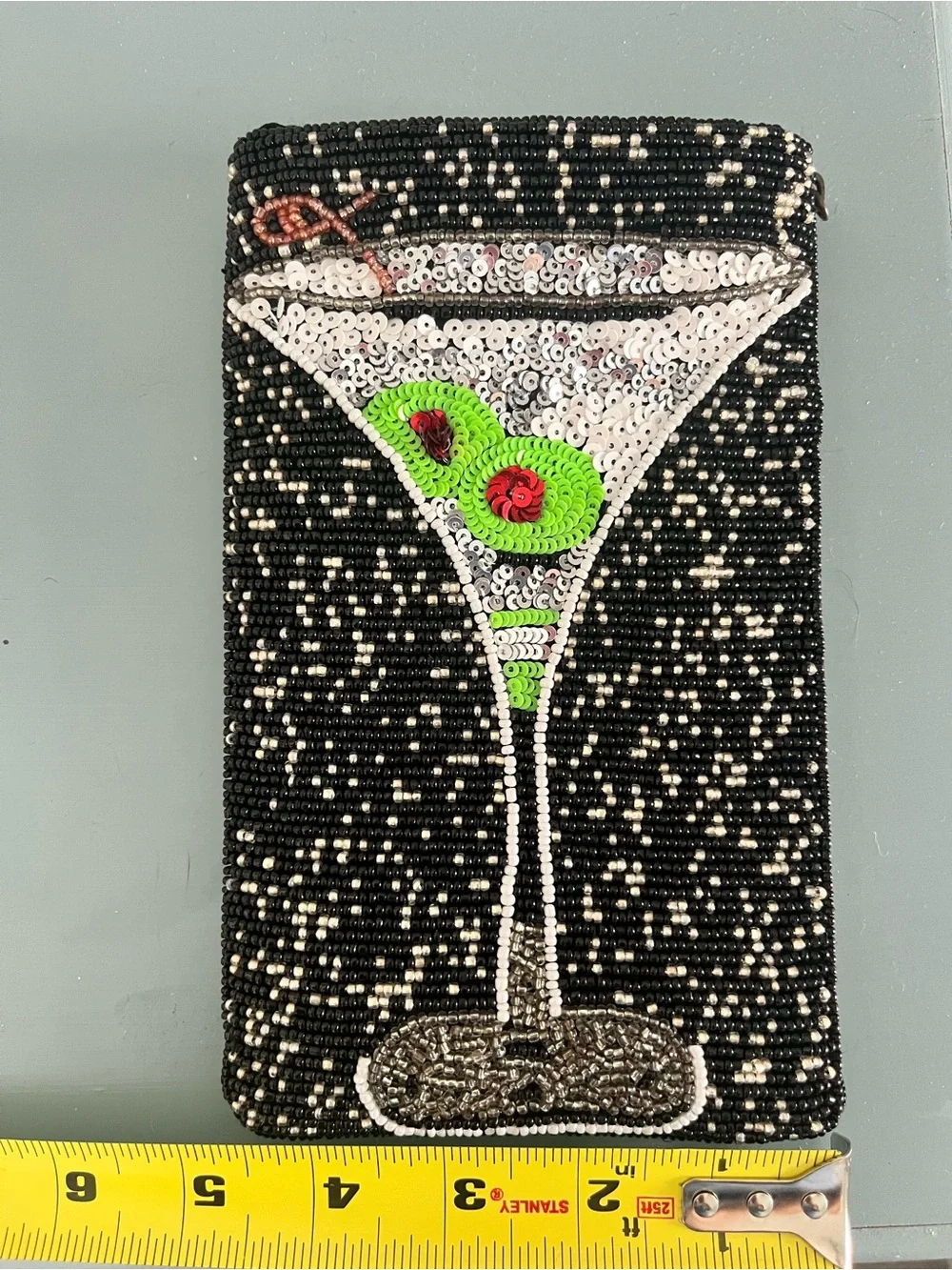 Beaded Wristlet with Olive Martini Cocktail, Black, Silver, Lime and Red